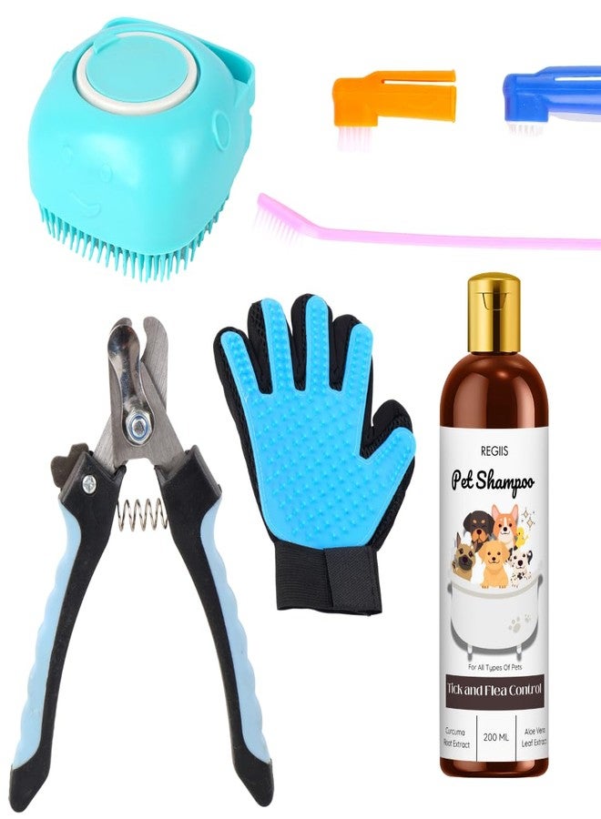 REGIIS Pet Grooming Kit, 5-Piece Set with Shampoo, Deshedding Brush, Grooming Glove, Nail Clipper, Toothbrushes for Dogs, Tick and Flea Control, 200 ML - Image 1